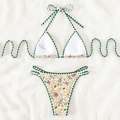Sexy String Halter Triangle Bikini Floral Print Swimwear Women Micro Thong Swimsuits Bather Bathing Suit Bikini Biquinis Swim
