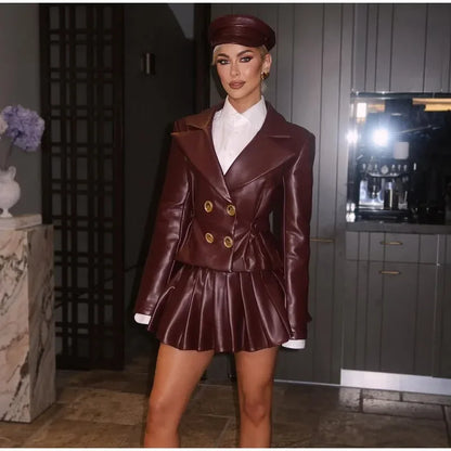 Double Breasted Faux Leather Blazer Pleated Mini Skirt Set