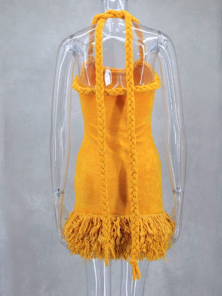 Orange Tassel Sexy Backless Fleece Winter Dresses Women Autumn Fashion Handmade Woven Twists Halter Mini Party Prom Dress