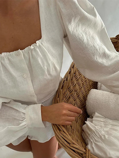 Skirts Set for Women 2 Pieces Lantern Sleeve Blouse Skirt Suit White Square Collar Button Shirts Long Skirts 2024 Summer Outfit