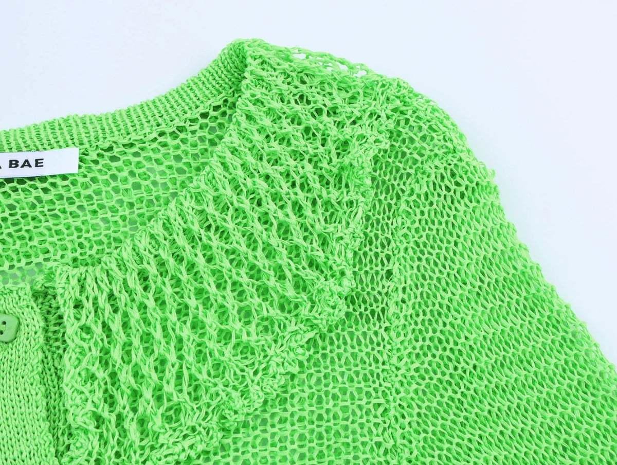 Summer new style women's fashion temperament lapel short sleeve hollow commuting knitted sweater jacket beach vacation