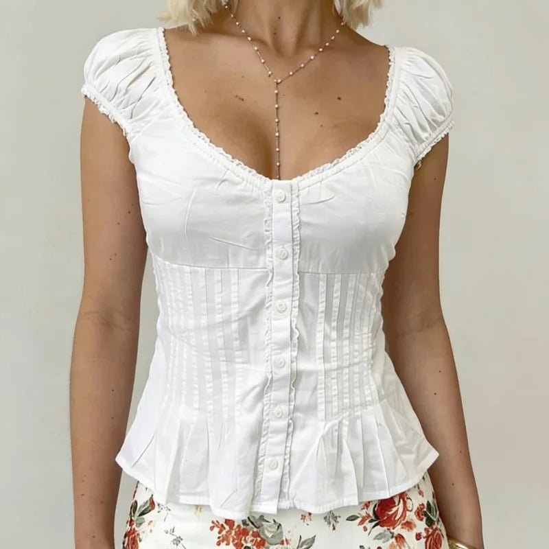 Women Y2k Coquette Shirts Short Sleeve U Neck Button Ruffle Lace Patchwork Fairy Grunge Going Out Tops Tees