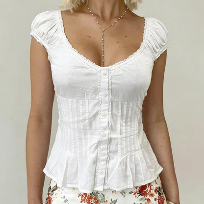 Women Y2k Coquette Shirts Short Sleeve U Neck Button Ruffle Lace Patchwork Fairy Grunge Going Out Tops Tees