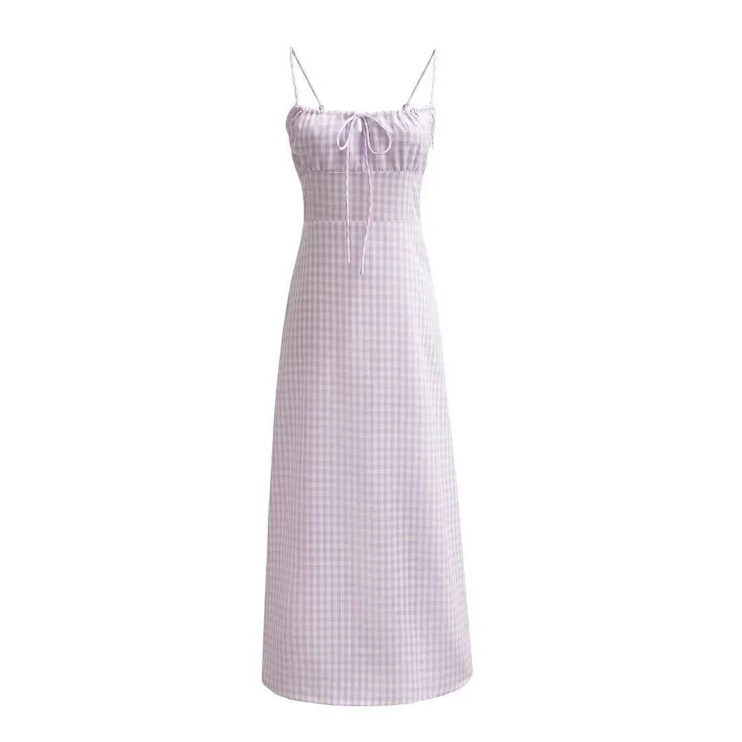 Spaghetti Strap Tie Up Plaid Dress Women Summer Beach Midi Sundress Strapless Retro Pink Short Vestidos Female Dress