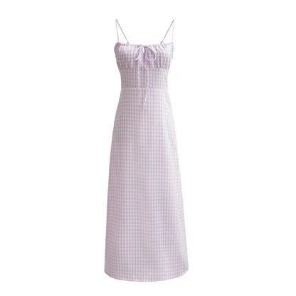 Spaghetti Strap Tie Up Plaid Dress Women Summer Beach Midi Sundress Strapless Retro Pink Short Vestidos Female Dress