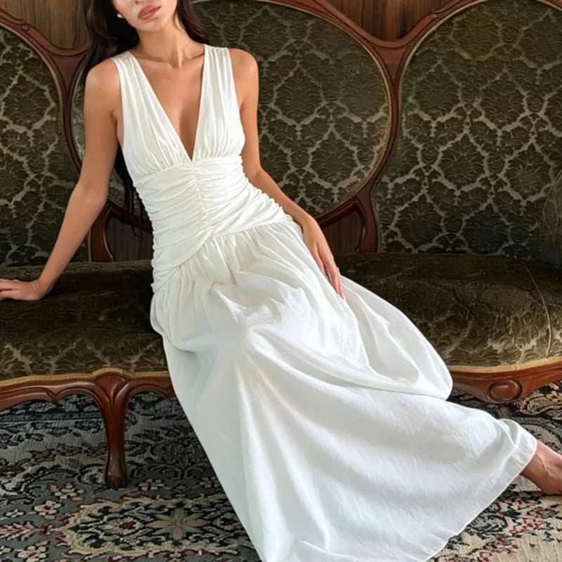 Women's White Maxi Dresses Sexy V-Neck Ruched Patchwork Backless Dress New Summer Elegant Women's Party Dress Vestidos