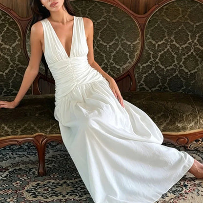 Women's White Maxi Dresses Sexy V-Neck Ruched Patchwork Backless Dress New Summer Elegant Women's Party Dress Vestidos