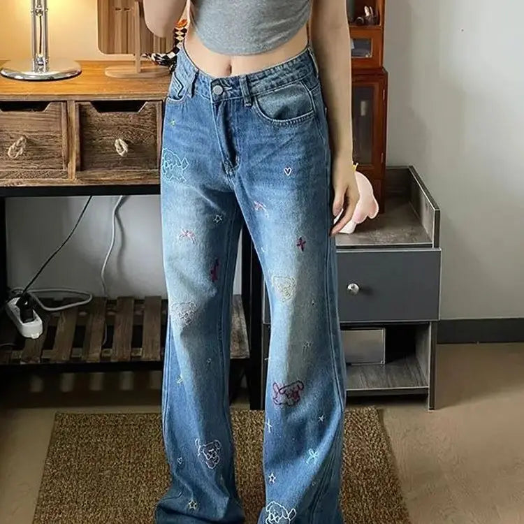 Jeans Puppy Embroidery High Waist Small Retro Design Women'S Summer Straight Slim Loose Wide Leg Pants Trendy