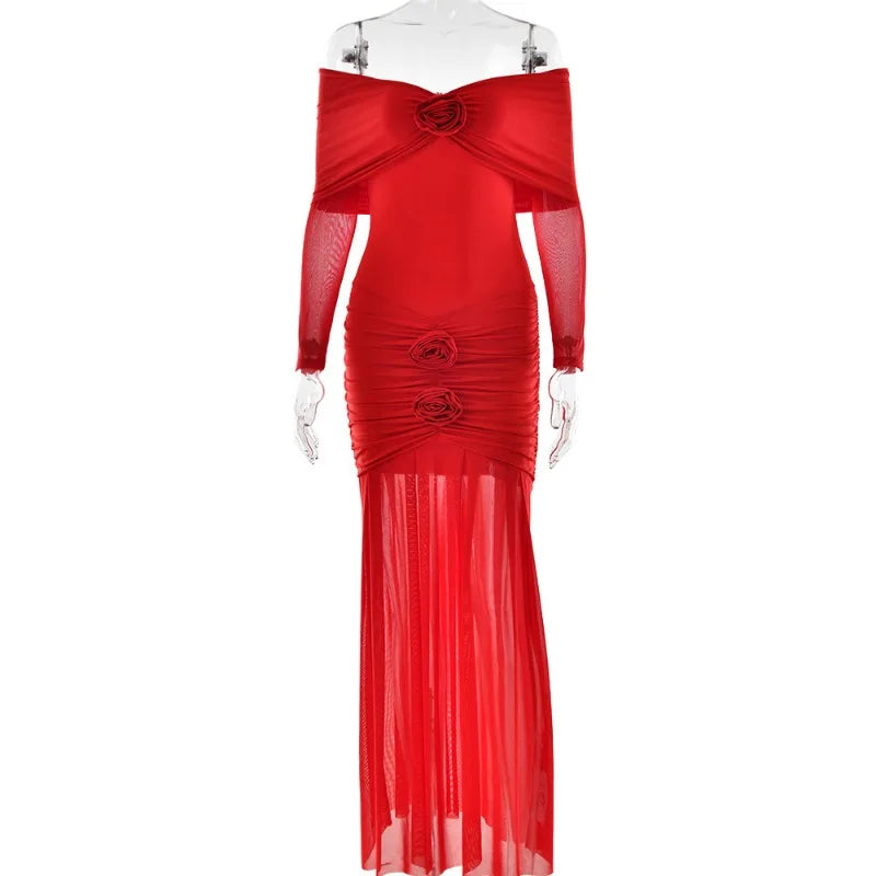 Off Shoulder Long Sleeve 3D Floral Rosette Mermaid Maxi Gown