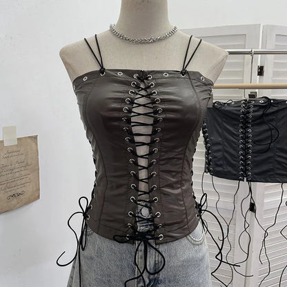PU Leather Lace-Up Corset Top Slim Fit Spaghetti Strap Hollow Out Summer Gothic Women Camisole Versatile Seductive Lady Top