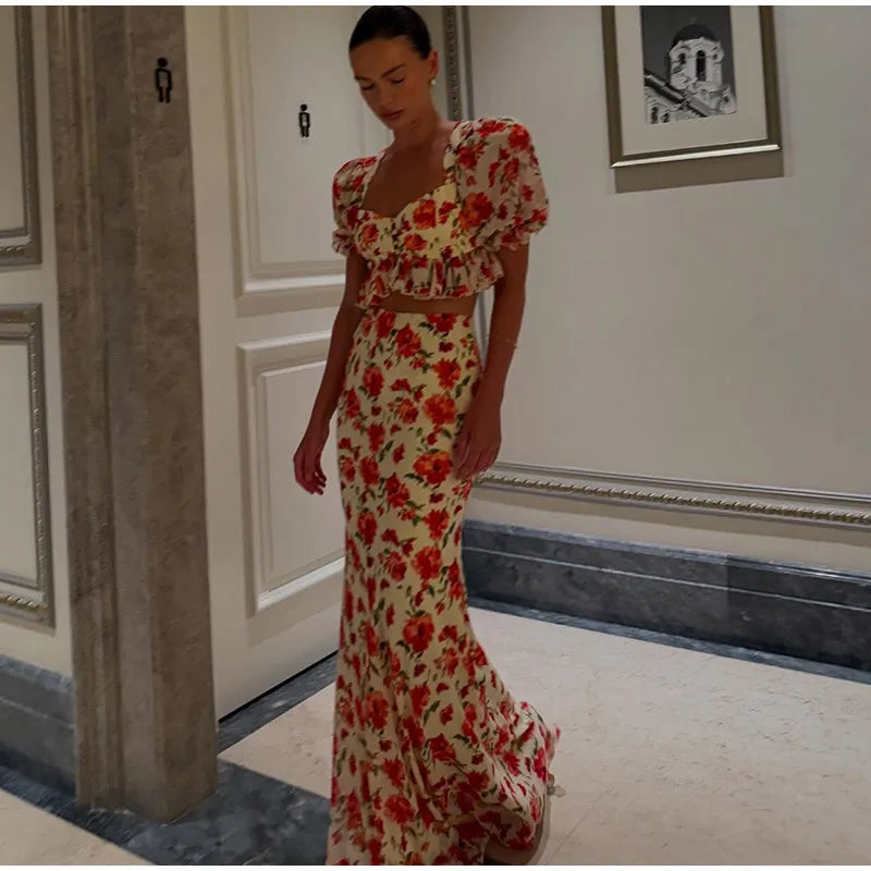 Elegant Printed Long Skirts Sets Women Square Collar Half Sleeve Crop Tops Low Waist Slim A-line Skirt 2025 Autumn Lady Chic Set