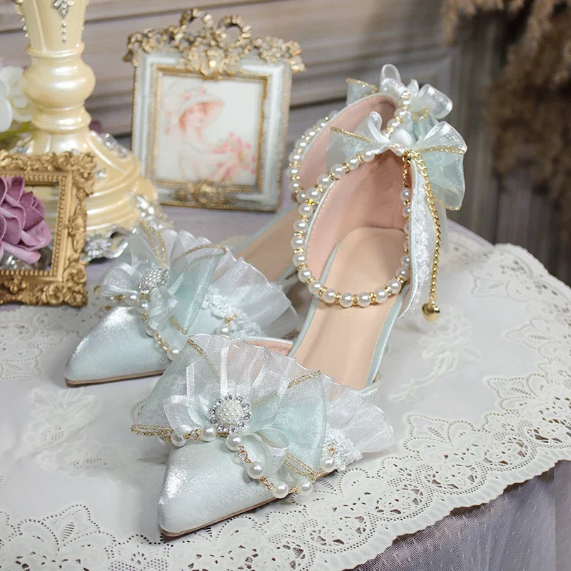 One Night Story Original Lolita Shoes Slim Heels Chinese Style Lolita Pointed Sandals High Heels Handmade Flower Wedding Shoes