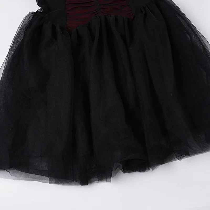 Gothic Black Bow Spaghetti Strap Dress Women Fashion Ruched V Neck Sleeveless Mesh Patchwork A Line Mini Dress Clubwear