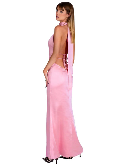 Halter Choker Deep V Neck Satin Column Maxi Gown