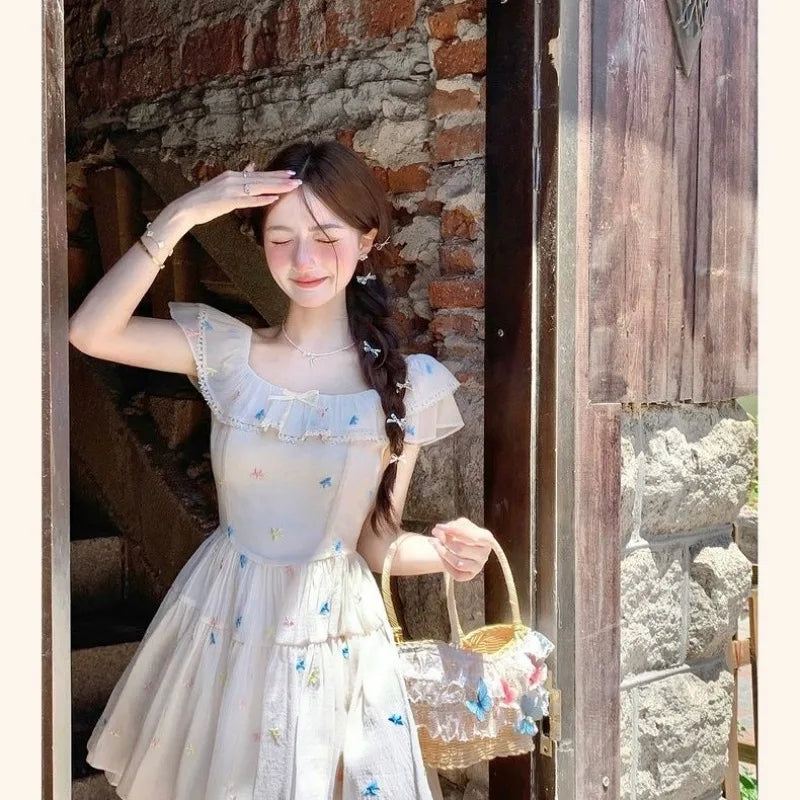 Mini Dresses Women Bow Sweet Flying Sleeve Square Collar French Style Chic Spring Summer Party Mini Dress Princess Casual
