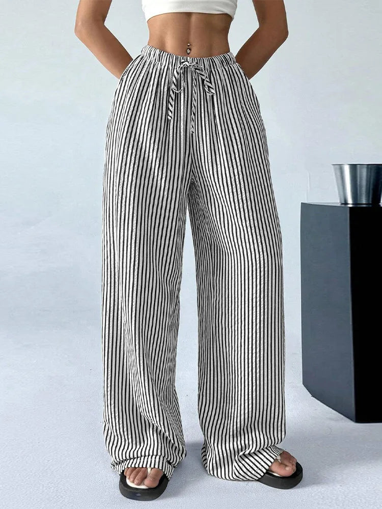 Striped Drawstring Wide Leg Pants Elastic Waist Lightweight Trousers for Summer Office Casual Vacation Wear Women Slack