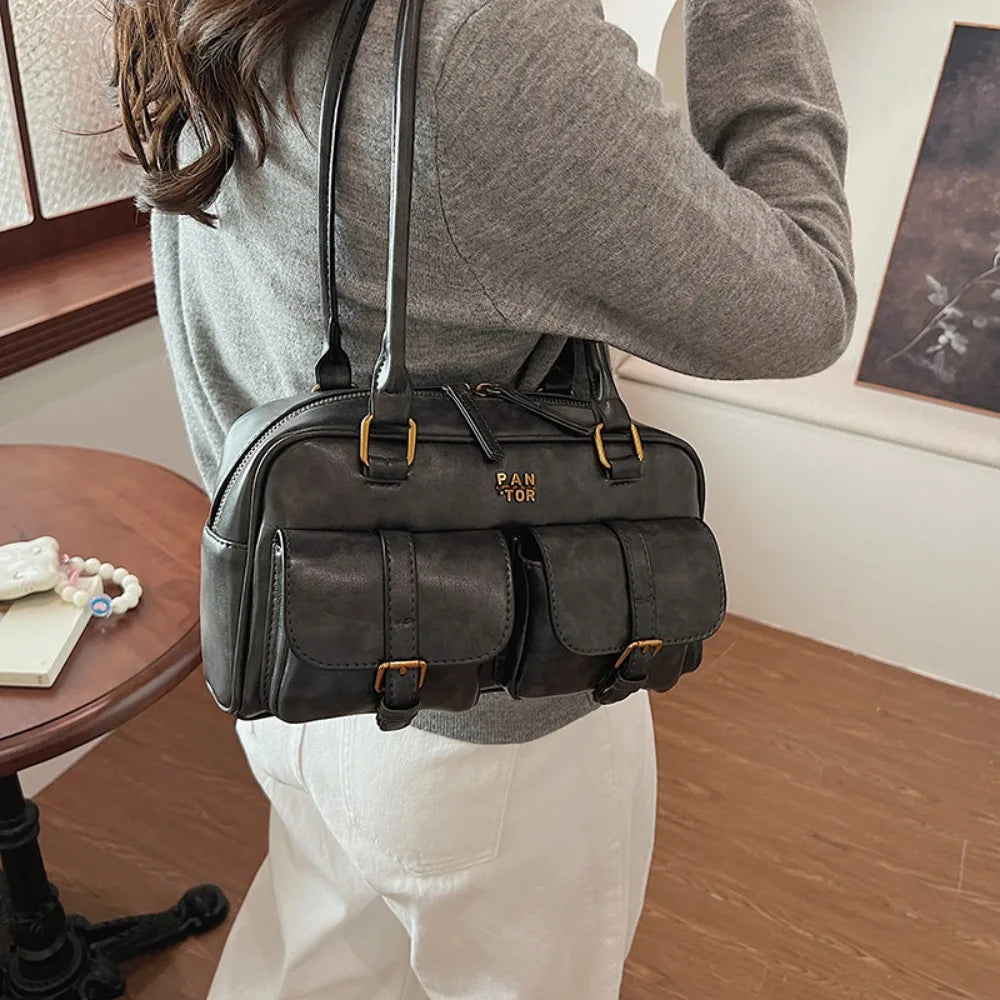 Fashion PU Leather Boston Shoulder Bag Large Capacity with Multi-Pockets Underarm Bag Solid Clutch Purse Girl