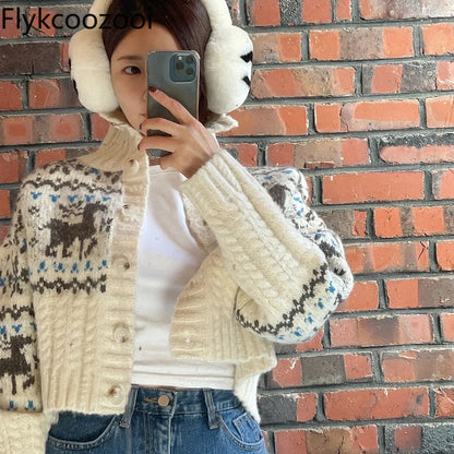 Retro Gentle Style Stand Collar Single Breasted Christmas Knitted Top Elk Jacquard Long Sleeve Sweater Jacket Cropped Cardigan