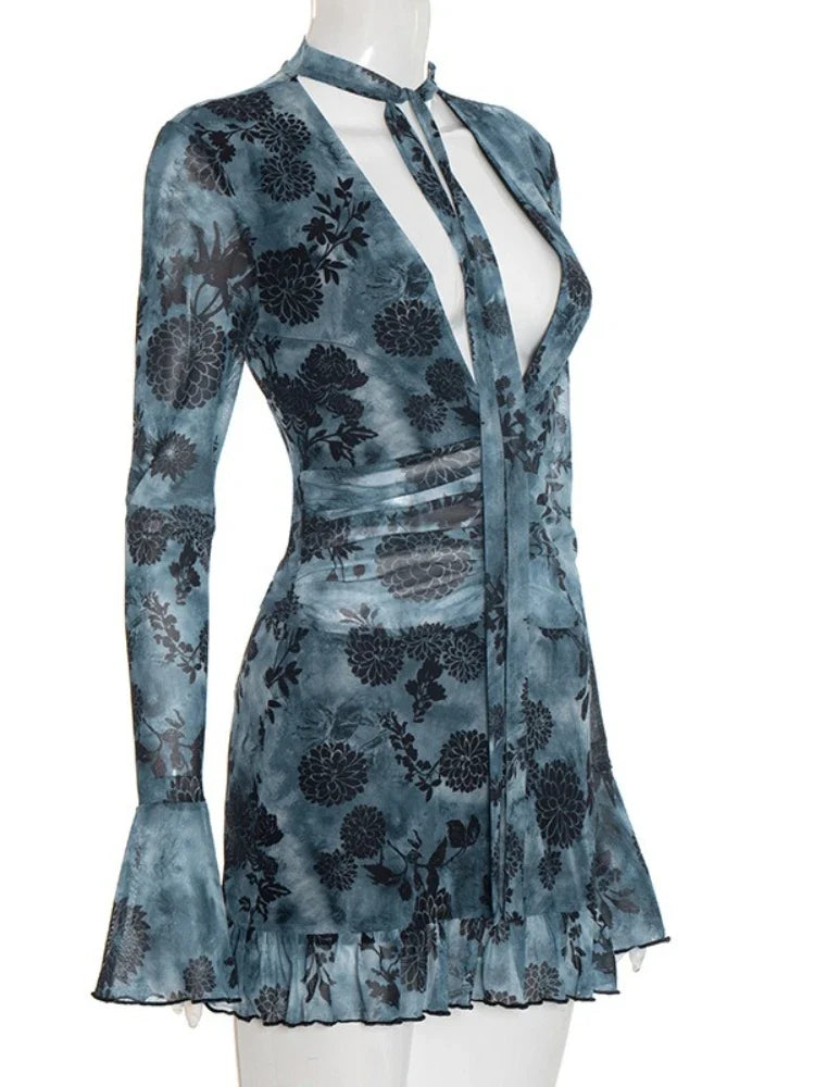 Women's New Printed Mesh Mini Dress Sexy Deep V Neck Long Sleeve Ruched High Waist Slim Fit Ruffle Hem Party Dress Outfits