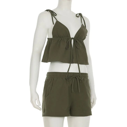 Summer Cotton Linen Short 2 Piece Sets for Women Sexy Spaghetti Strap Tops and Drawstring Short Sets Female Casual Matching Sets