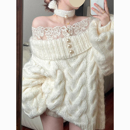 Lazy Style Women Slash Neck Fashion Sweater French Lace Patchwork Loose Cloak Off Shoulder Knitted Top Oversize Loose Pullover