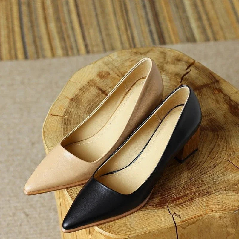Shoes For Women Block Heel Luxury Leather Casual High Heels Woman Footwear Formal Pointed Toe Y2k Chic And Elegant E 39 Young L