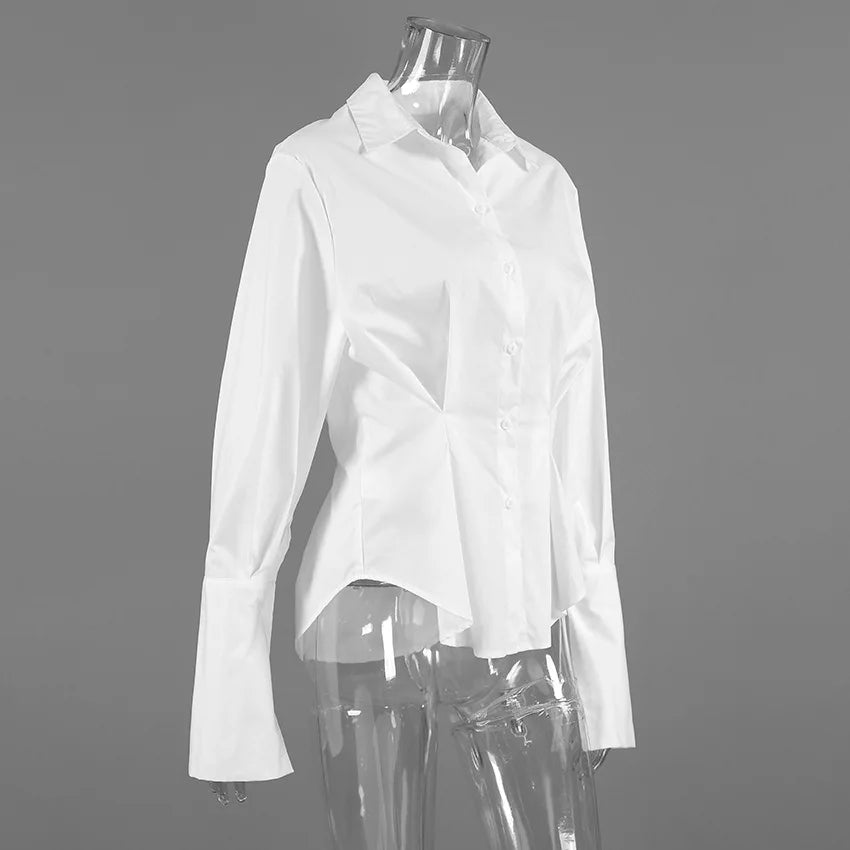 Pure cotton shirt for women, high-end, light luxury, versatile, pleated, waist cinching, slim fit, long sleeved, lapel shirt