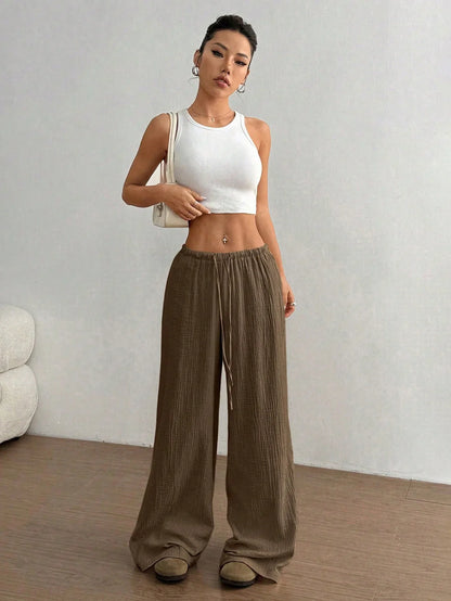 New Style Pure Cotton Fashion Casual Solid Color Loose Wide-Leg Floor-Length Trousers for Women