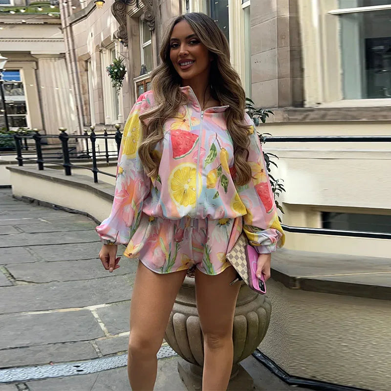 Fruit Printed Trench Jacket Coat Shorts Women Set Stand Collar Zipper Casual Loose Windbreaker Outwear Top Lace Up Shorts Suit