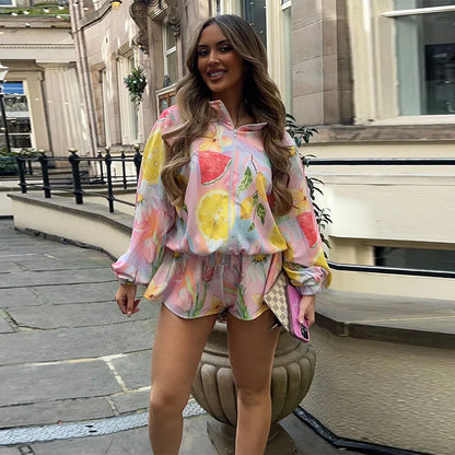 Fruit Printed Trench Jacket Coat Shorts Women Set Stand Collar Zipper Casual Loose Windbreaker Outwear Top Lace Up Shorts Suit