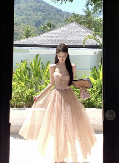 Woman Dress Bow Sleeveless Slash Neck Mesh Patchwork Princess Sweet Elegant Summer Fashion Party Dresses Female