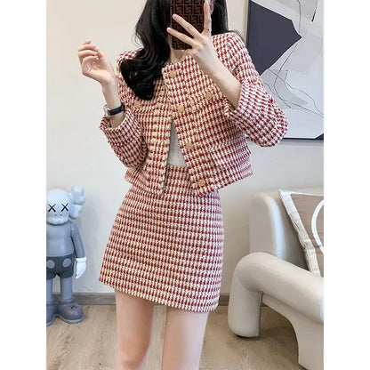 Spring New Ladies Retro Plaid Single Breasted Suit Jacket Sexy High Waist Bag Hip Short Skirt Fashion Casual Women's Suit