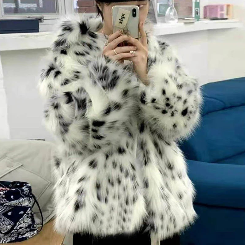 Dot Leopard Contrast Stand Collar Faux Fur Coat Women Warm Commute Long Sleeve Fluffy Plush Jacket Autumn High Street Outerwear