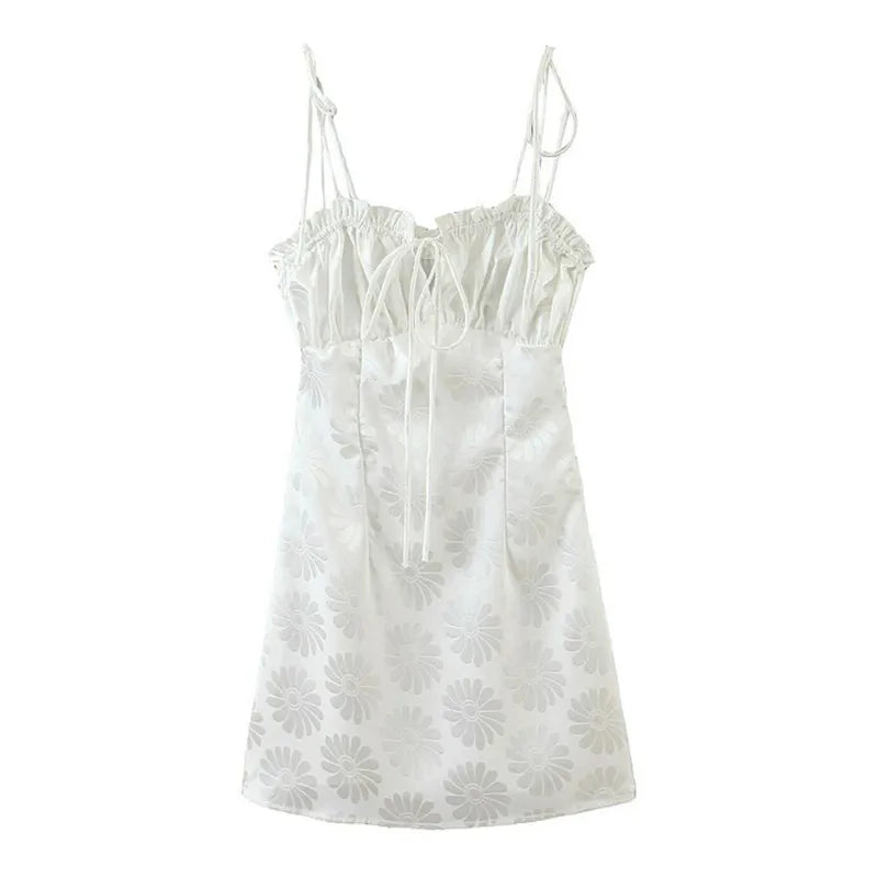 Woman Backless Mini Spaghetti Strap Lacing up wood ears Ruched Collar Holiday Robe Sexy White Daisy Flower Satin Sling Dress