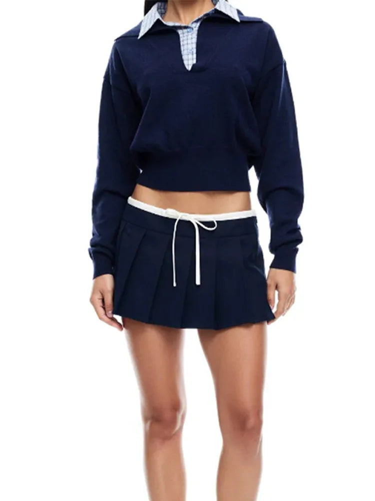 Causal Patchwork Plaid Navy Blue Short Pullover Women Fashion Lapel Long Sleeve Soft Sweater Autumn Female Commute Style Jumpers