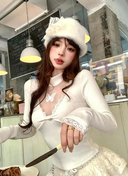 Y2K Cropped Black Sweater Women Harajuku Embroidery White Knitted Pullovers Gyaru Grunge Mesh Lace Knitwears Winter Chic Jumpers