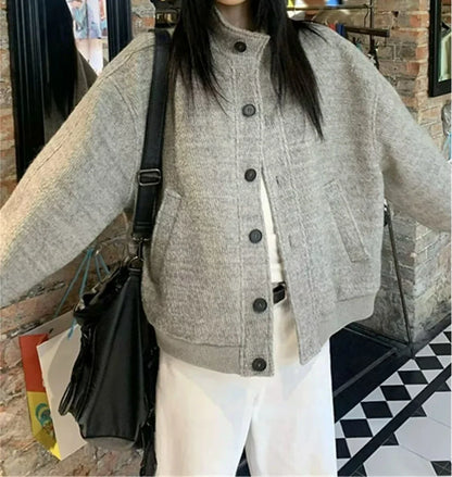 Retro Stand Up Collar Jacket for Female Students in Autumn New Loose and Versatile Casual Style