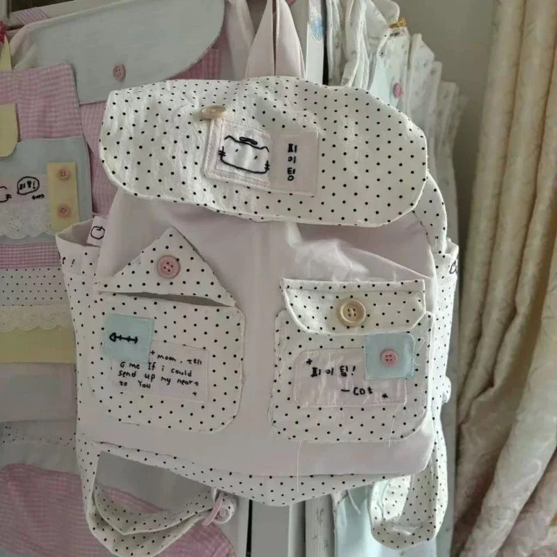 Japanese Sweet Girl Dot Backpack Patchwork Contrast Color Kawaii Cute Schoolbags Women Y2k Aesthetic Chic Backpacks for Students