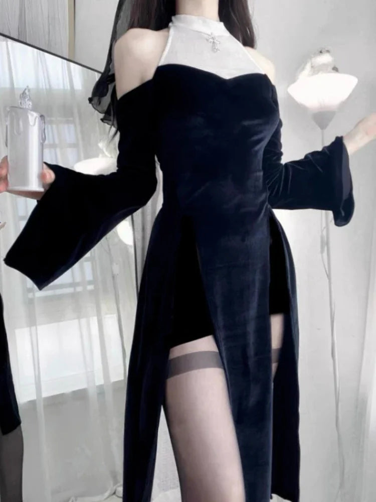 Y2k Gothic Black White Patchwork Dresses Subcultural Slim Waist Dark Dress for Women+ High Waist Shorts Two Piece Sets
