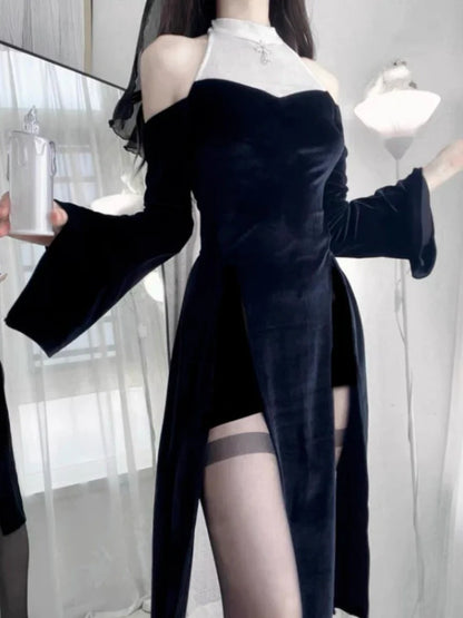 Y2k Gothic Black White Patchwork Dresses Subcultural Slim Waist Dark Dress for Women+ High Waist Shorts Two Piece Sets