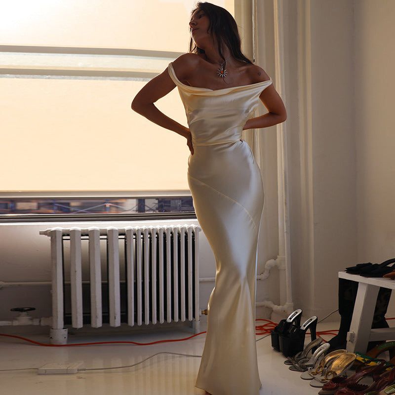 Cowl Neck Plunging Back Satin Maxi Dress