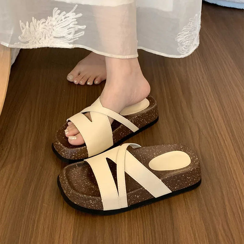 Flat Shoes Female Med Ladies' Slippers Slipers Women Platform 2024 Beach Soft Rome Rubber Fabric Slides Retro Casual PU Scandal