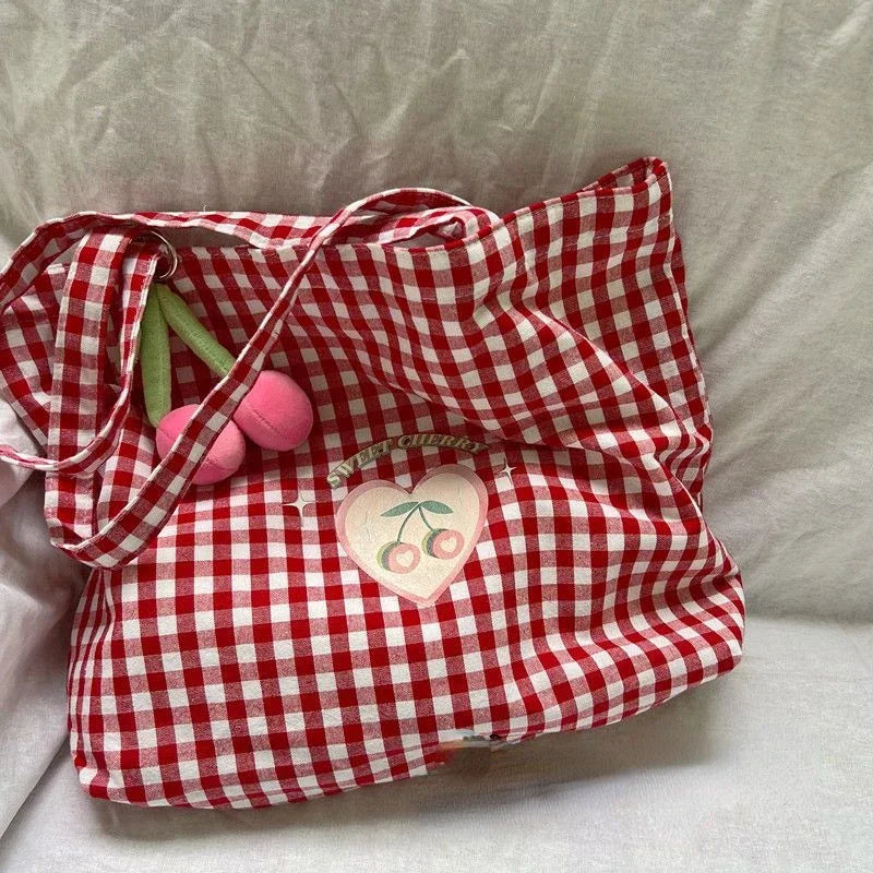 All Match Vintage Sweet Cute Plaid Tote Bags Fashion Casual Preppy Handbag Y2k Canvas Women Shoulder Underarm Bag High-capacity