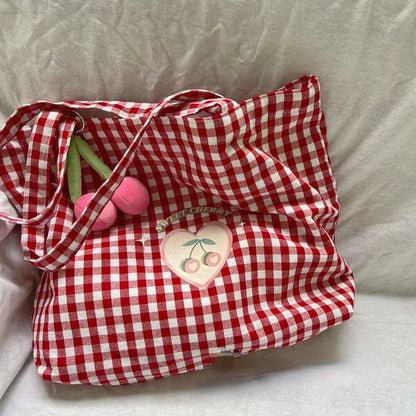 All Match Vintage Sweet Cute Plaid Tote Bags Fashion Casual Preppy Handbag Y2k Canvas Women Shoulder Underarm Bag High-capacity