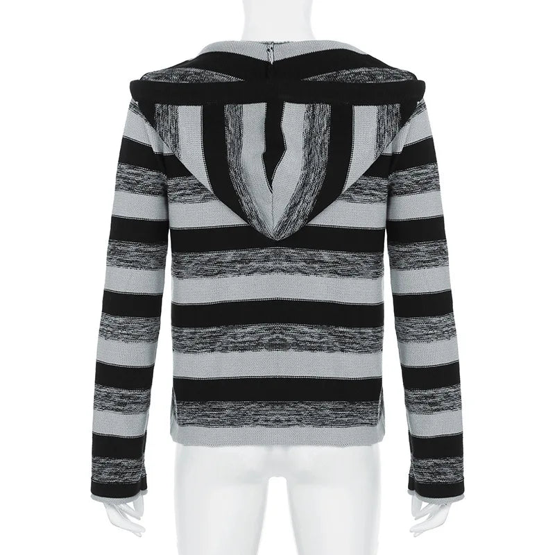 Aesthetic Striped Knitted Hooded Sweaterwith Pockets Autumn Casual Long Sleeve Pullovers Tops 90s Cyber Grunge Vintage Jumpers