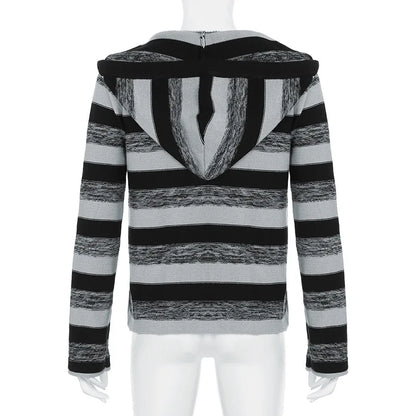 Aesthetic Striped Knitted Hooded Sweaterwith Pockets Autumn Casual Long Sleeve Pullovers Tops 90s Cyber Grunge Vintage Jumpers