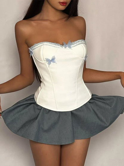 Elegant Butterfly Decoration 2Piece Set Women Lace Sleeveless Backless Mini Tops+Solid Folds Mini Skirts Matching Suits