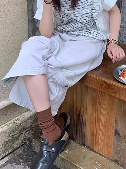 Big Pockets White Denim Cargo Pants Women Solid Vintage Pintuck Adjustable Low Waist Wide Leg Baggy Jorts Summer Clothes