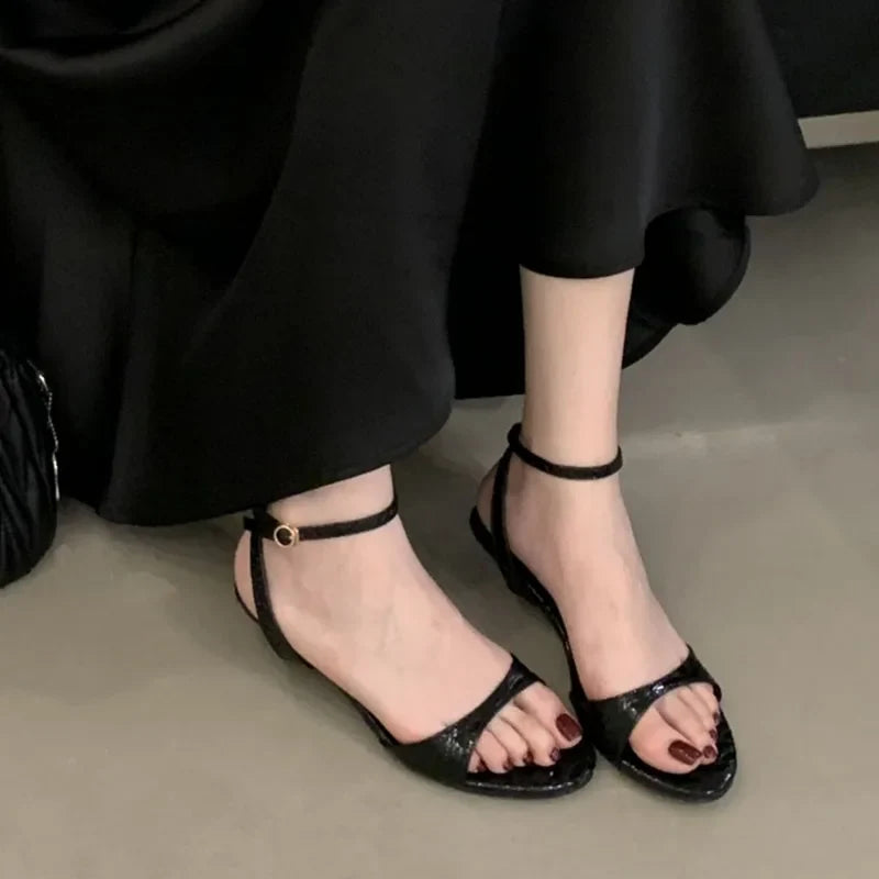 Fashion Round Toe Ladies Low Heel Sandals Shoes New In Summer Female Ankle Buckle Elegant Women Heeled Sandals Shoes Pumps