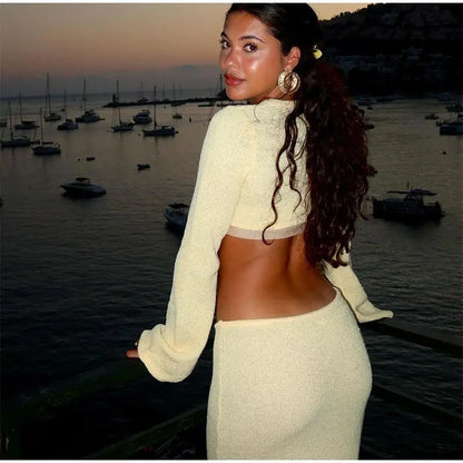 Crew Neck Cutout Twist Waist Side Slit Boucle Knit Maxi Dress